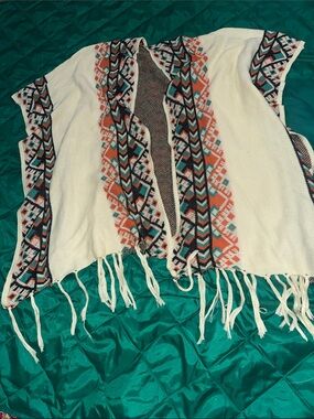 Fringed Open-Front Poncho Shrug - Cream with Coral & Teal Geometric Trim